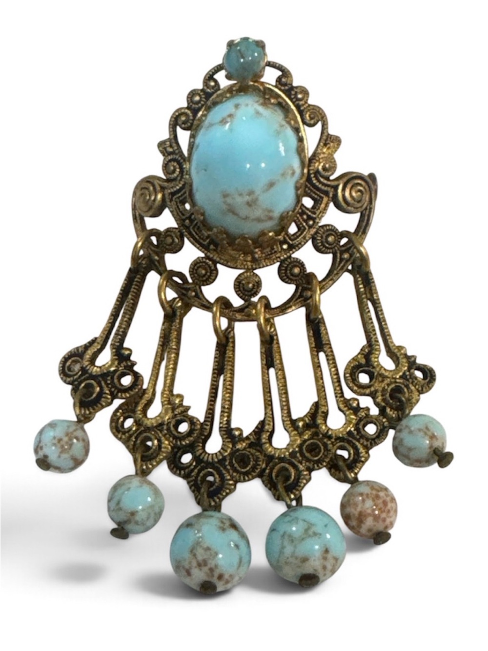 Antique French Brooch Pendant Gablonz Glass Faux Turquoise Trombone Clasp c1900